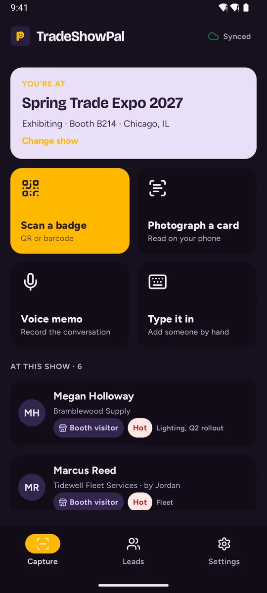 The app home screen: the show you are at, and buttons to scan a badge, photograph a card, record a voice memo or type someone in