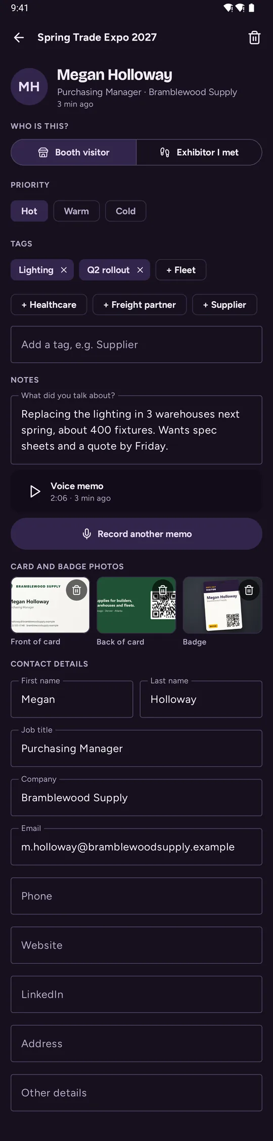 A lead in the app: who they are, priority, tags, notes, a voice memo, and photos of their business card and badge
