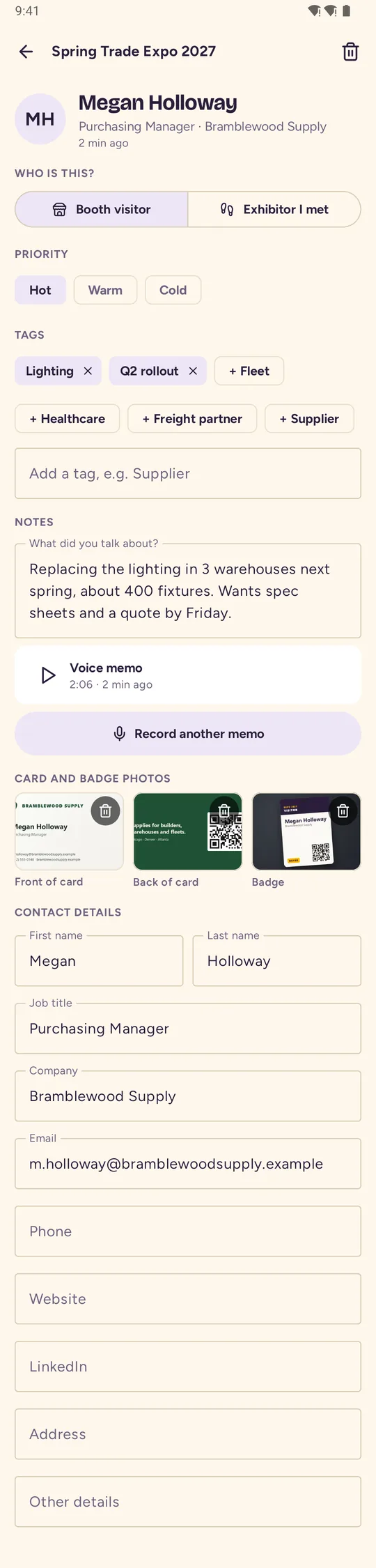 A lead in the app: who they are, priority, tags, notes, a voice memo, and photos of their business card and badge