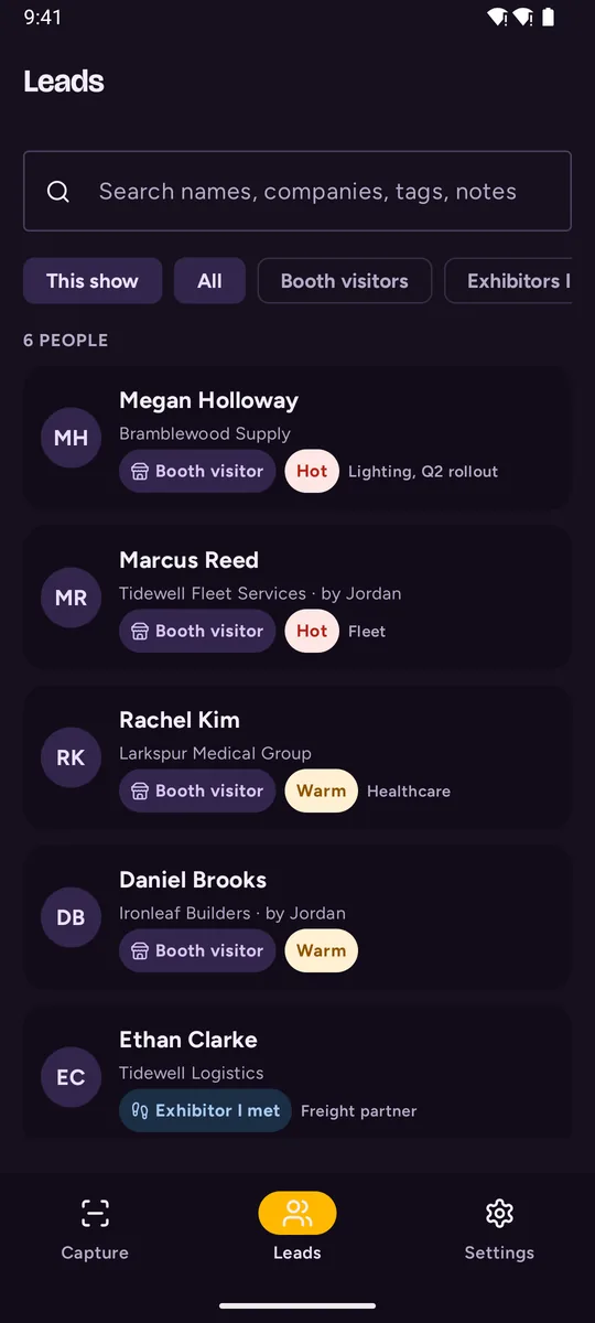 The leads list in the app: everyone met at the show, with who they are, priority and tags
