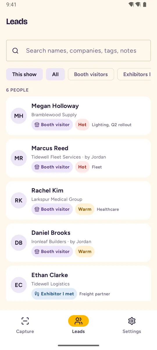 The leads list in the app: everyone met at the show, with who they are, priority and tags